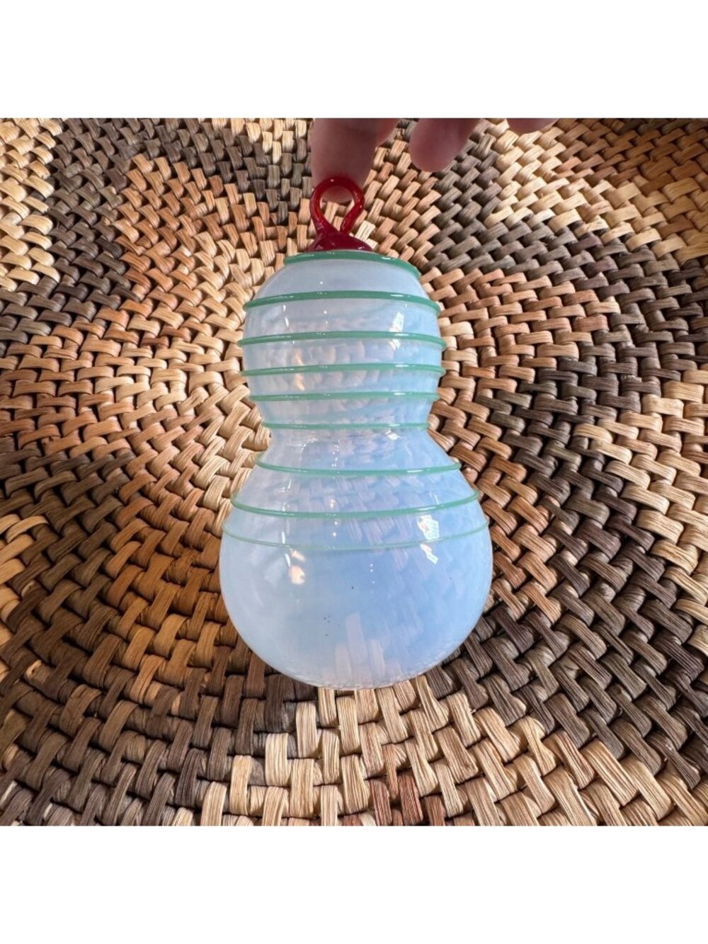 Hand-Blown Glass Ornament With Red Hook & Green Spiral Design Signed By Artist